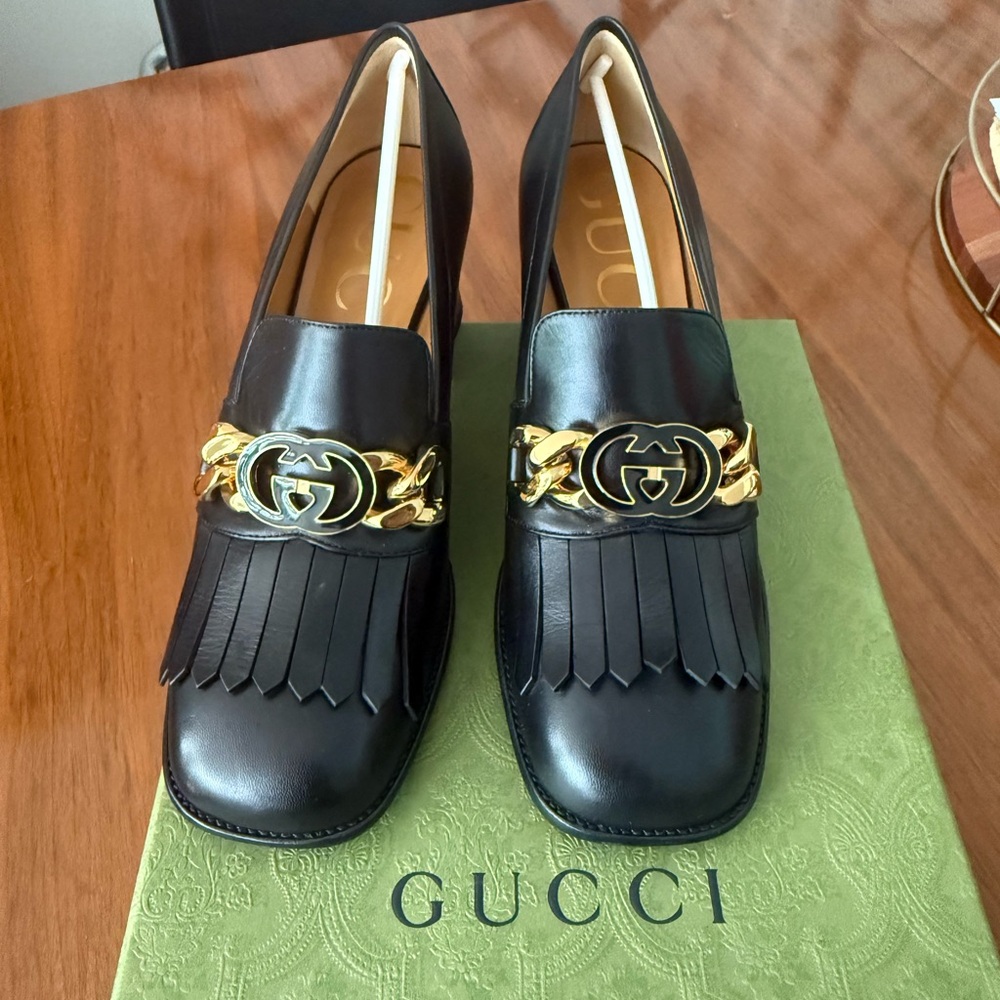 Gucci Black Loafers with Gold Chain Detail